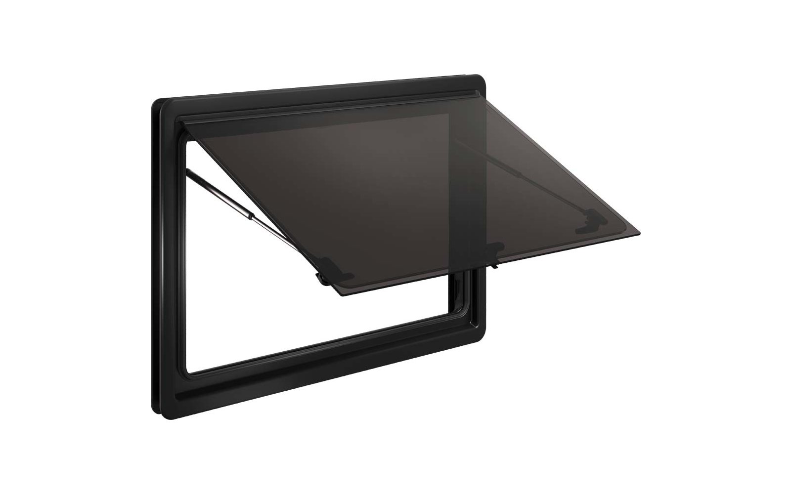 Marco rectangular negro de plástico con una tapa transparente tintada oscura abierta hacia arriba y bisagras visibles