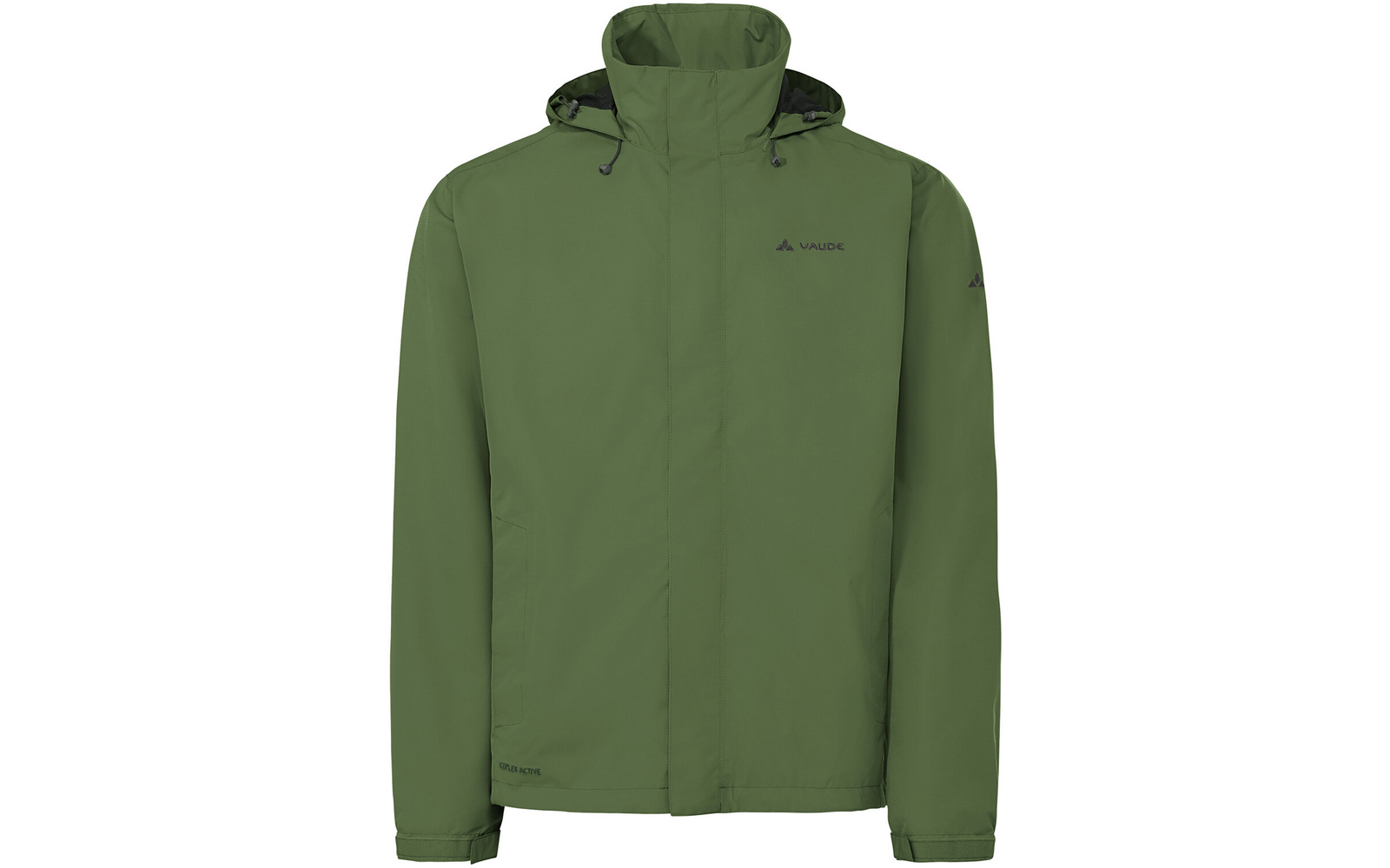 Grüne Kapuzenjacke mit verdecktem Reißverschluss, Vaude-Logo auf Brust und Oberarm, Ärmelbündchen mit Verschlusslaschen, weißer Hintergrund