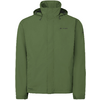 Grüne Kapuzenjacke mit verdecktem Reißverschluss, Vaude-Logo auf Brust und Oberarm, Ärmelbündchen mit Verschlusslaschen, weißer Hintergrund