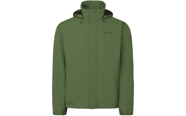 Grüne Kapuzenjacke mit verdecktem Reißverschluss, Vaude-Logo auf Brust und Oberarm, Ärmelbündchen mit Verschlusslaschen, weißer Hintergrund