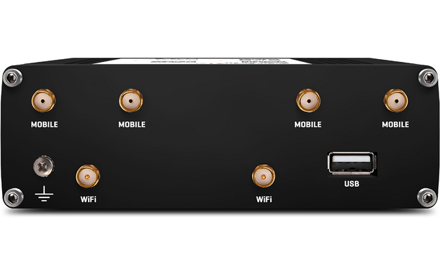 Schwarzes Metallgehäuse mit vier goldfarbenen Steckverbindern oben, zwei goldfarbenen Steckverbindern unten, Beschriftungen 'MOBILE' über den oberen Steckverbindern, 'WiFi' unter den unteren Steckverbindern, USB-A-Anschluss rechts unten mit Beschrift