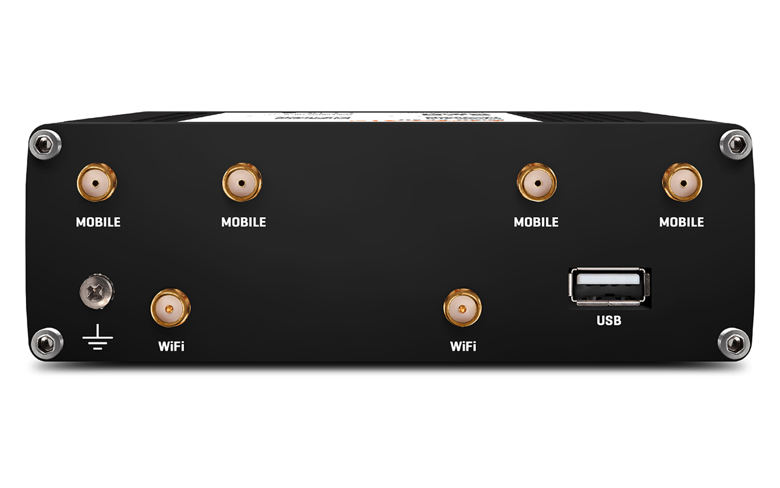 Schwarzes Metallgehäuse mit vier goldfarbenen Steckverbindern oben, zwei goldfarbenen Steckverbindern unten, Beschriftungen 'MOBILE' über den oberen Steckverbindern, 'WiFi' unter den unteren Steckverbindern, USB-A-Anschluss rechts unten mit Beschrift