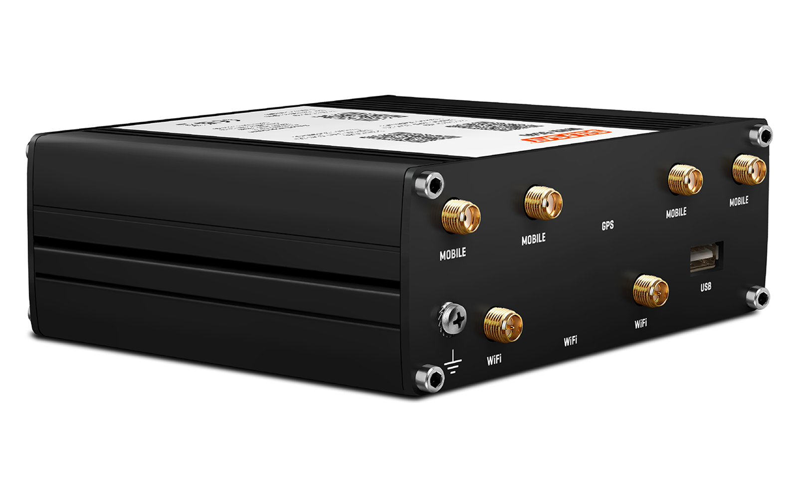Schwarzes rechteckiges Metallgehäuse mit mehreren goldfarbenen runden Anschlüssen, einem rechteckigen USB‑Port, Beschriftungen 'MOBILE', 'GPS' und 'WIFI', sichtbaren Eckschrauben und einem weißen Aufkleber mit QR‑Code auf der Oberseite