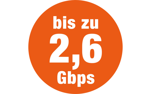 Oranger Kreis mit weißem Text "bis zu 2,6 Gbps"