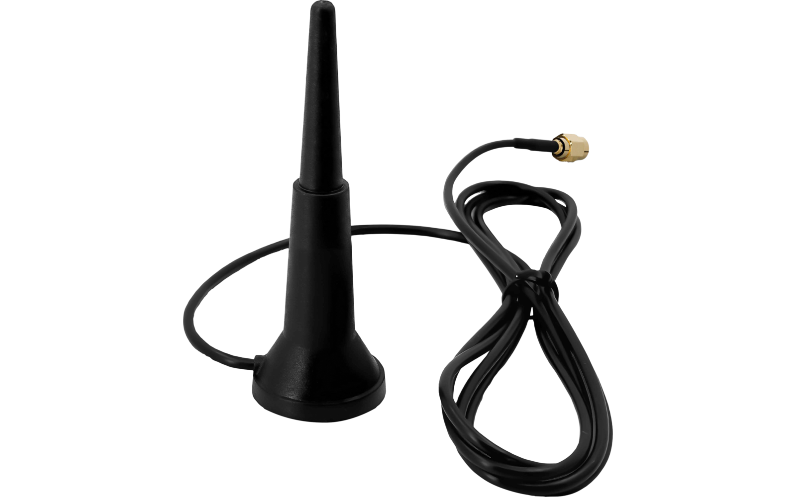 Schwarze Antenne mit runder Basis und senkrechtem Stab, daran angeschlossenes schwarzes, aufgerolltes Kabel mit goldfarbenem Steckverbinder