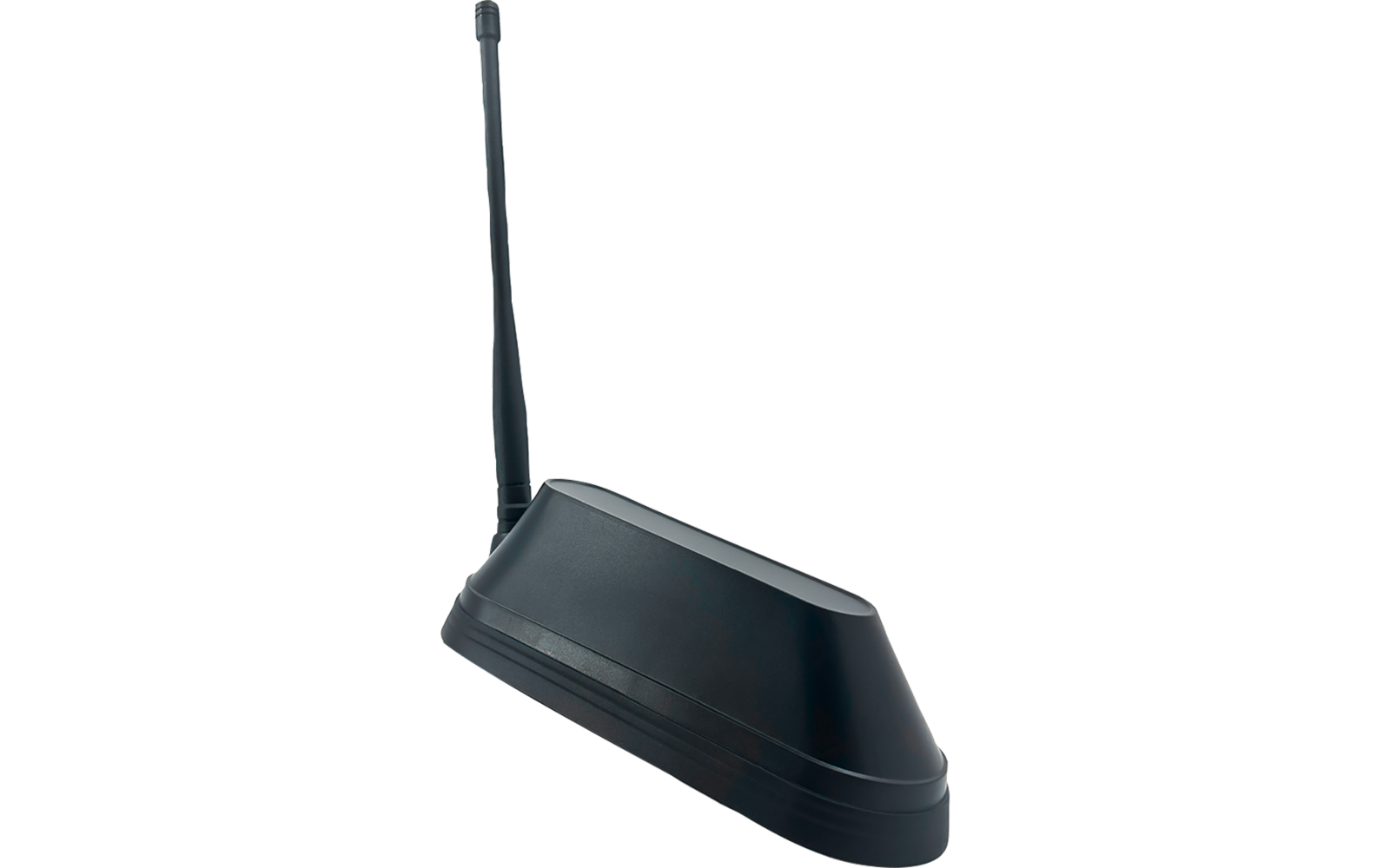 Antenne tige noire à côté d'un boîtier d'antenne plat noir, devant un câble enroulé avec plusieurs connecteurs de couleur dorée