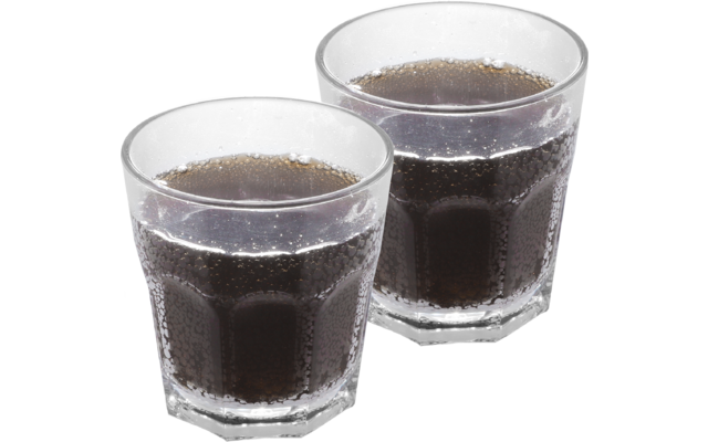 Due bicchieri corti con una bevanda scura gassata e bollicine visibili
