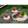 Mesa de madera gris al aire libre con dos vasos con bebida roja sobre posavasos macramé blancos, dos cuencos con uvas y fresas, una pequeña maceta con planta verde y un mantelito blanco de ganchillo; césped al fondo