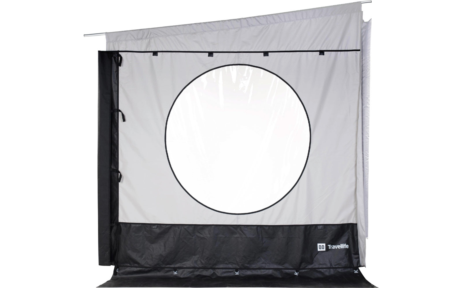 Weiß-schwarzes Stoffpaneel mit großem rundem transparenten Fenster in der Mitte, schwarzer Unterrand und kleines Travellife-Logo unten rechts