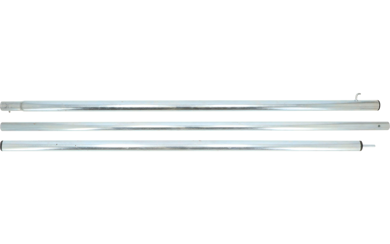 Drei lange Glasröhren mit Metallstiften an den Enden, horizontal auf weißem Hintergrund