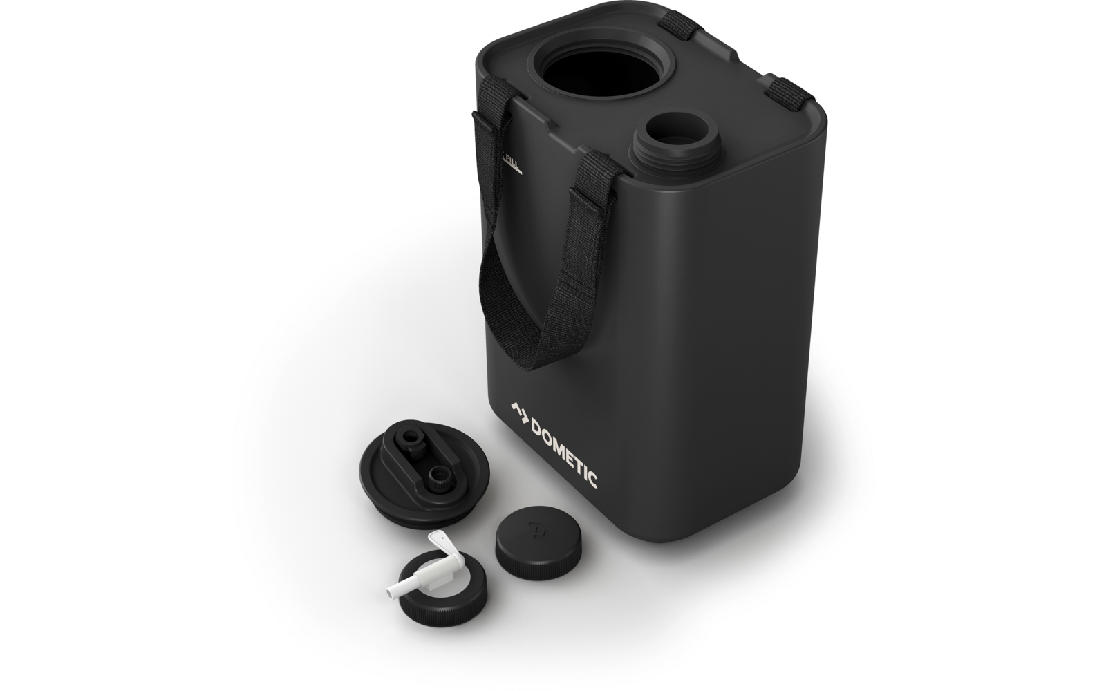 Schwarzer Wasserbehälter mit abnehmbarem Deckel und Ausgießer, daneben zwei weitere abnehmbare Verschlüsse