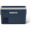 Dunkelblauer rechteckiger Behälter mit weißem "IGLOO"-Schriftzug, hellgrauem Deckel, hellgrauen Griffansätzen an den Seiten und Lüftungsgitter unten links