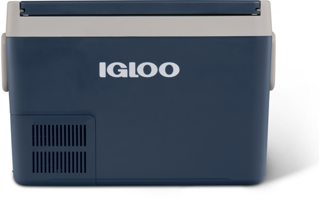 Dunkelblauer rechteckiger Behälter mit weißem "IGLOO"-Schriftzug, hellgrauem Deckel, hellgrauen Griffansätzen an den Seiten und Lüftungsgitter unten links