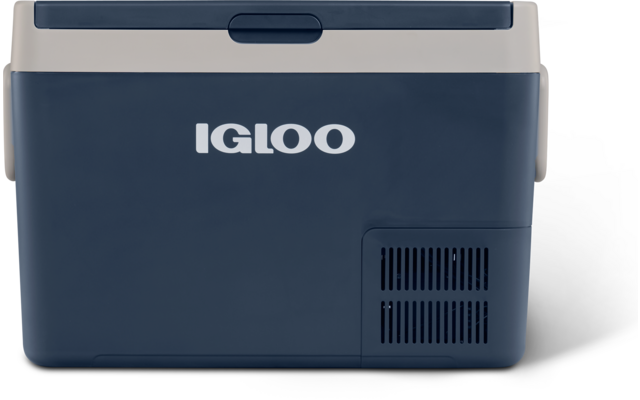 Blaue Kühlbox mit weißem IGLOO-Logo, hellgrauem Deckel, seitlichen Griffen und Lüftungsgitter vorne rechts