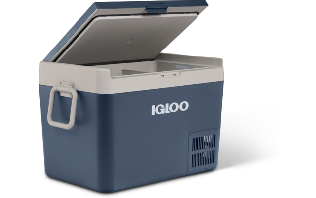 Blaue Kühlbox mit geöffnetem hellgrauen Deckel, seitlichem Griff und 'IGLOO'-Logo