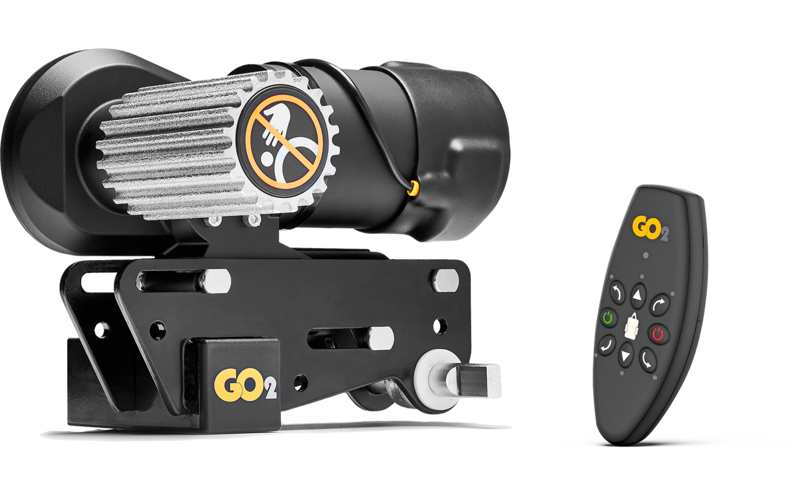 Schwarze elektronische Vorrichtung mit Zahnrad und Kabel auf Halterung neben schwarzer Fernbedienung mit Knöpfen