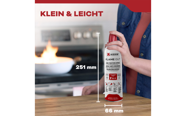 Hand houdt een spuitbus met het label 'Kidde Flame Out' voor een fornuis, afmetingen van de bus worden weergegeven