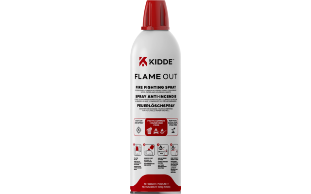 Witte spuitfles met rode dop en Kidde Flame Out brandblusspray etiket