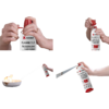 Instructies voor het gebruik van een brandspray in vier stappen met afbeeldingen van handelingen bij het fornuis en brandspray