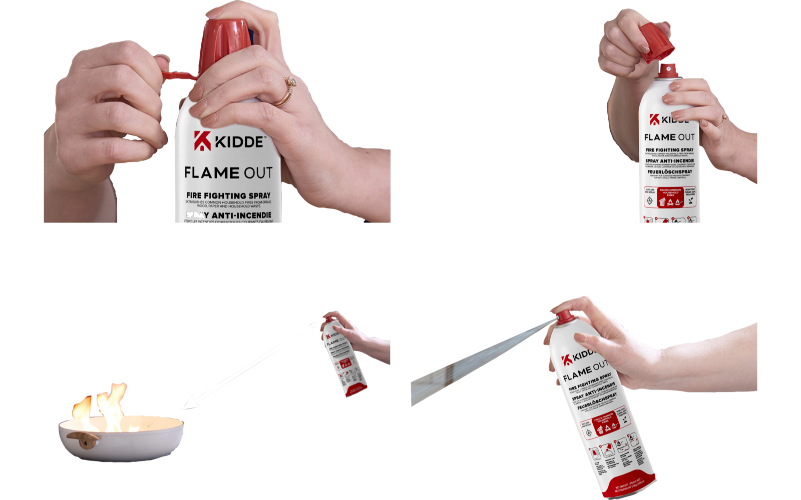 Instructies voor het gebruik van een brandspray in vier stappen met afbeeldingen van handelingen bij het fornuis en brandspray