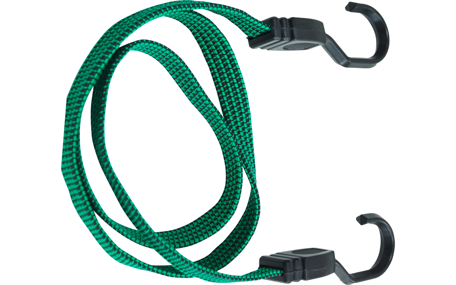 Grünes elastisches Spanngummiseil mit schwarzen Haken an beiden Enden