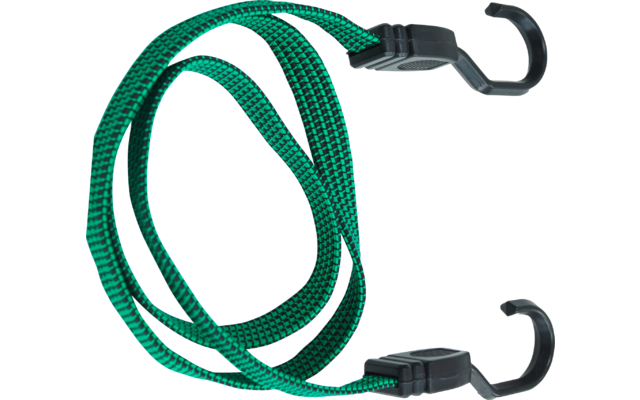 Grünes elastisches Spanngummiseil mit schwarzen Haken an beiden Enden