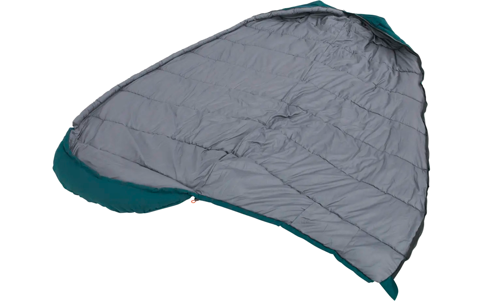 Geöffneter, hellgrauer Schlafsack mit grünem Rand auf weißem Hintergrund