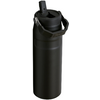 Schwarze, zylindrische Trinkflasche mit Schraubverschluss, klappbarem Tragegriff und aufklappbarem Trinkausguss
