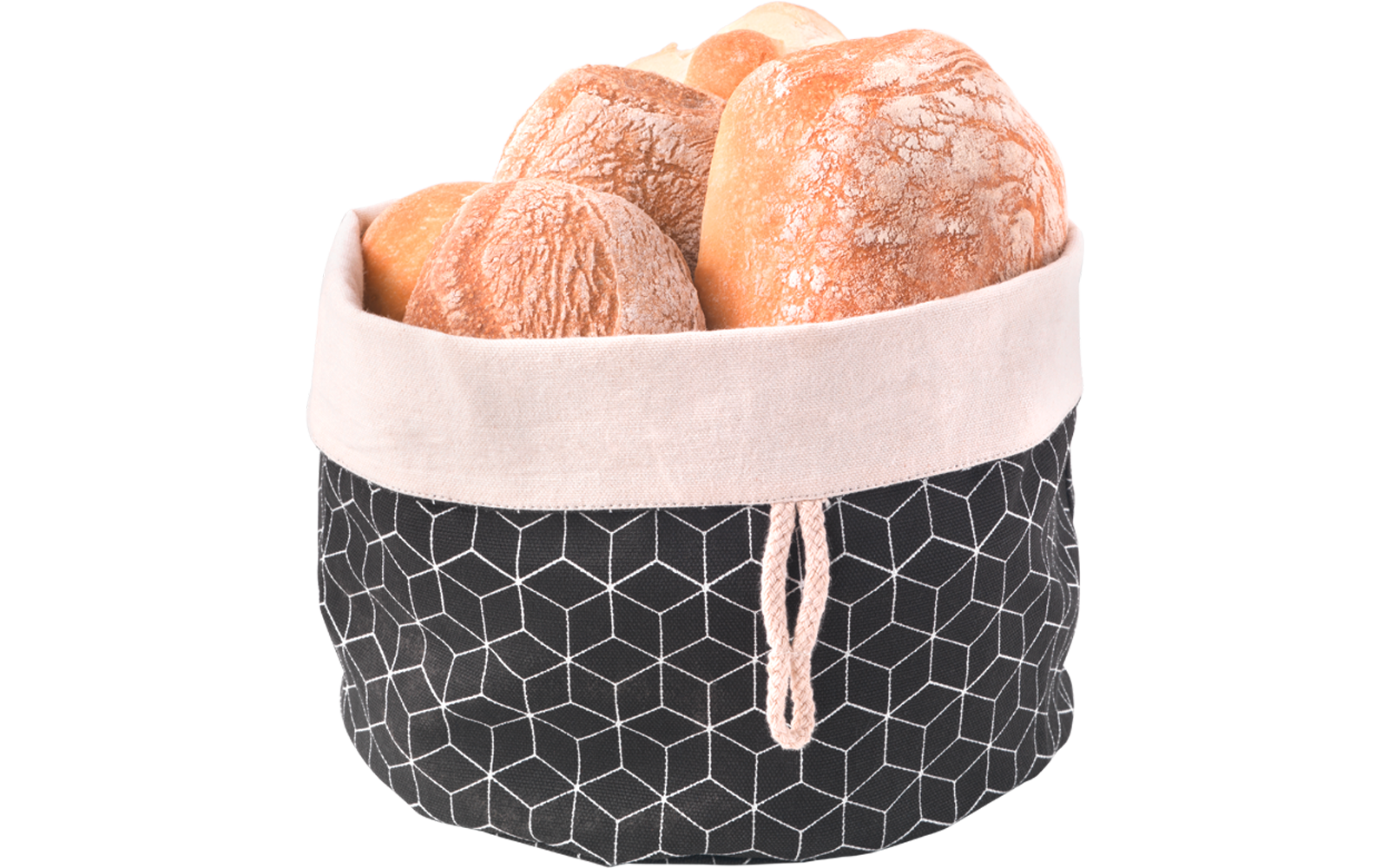 Mehrere Brötchen in einem schwarzen Brotkorb mit geometrischem Muster und hellem Stoffrand