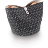Schwarze Tasche mit weißem geometrischem Muster und geöffnetem Reißverschluss