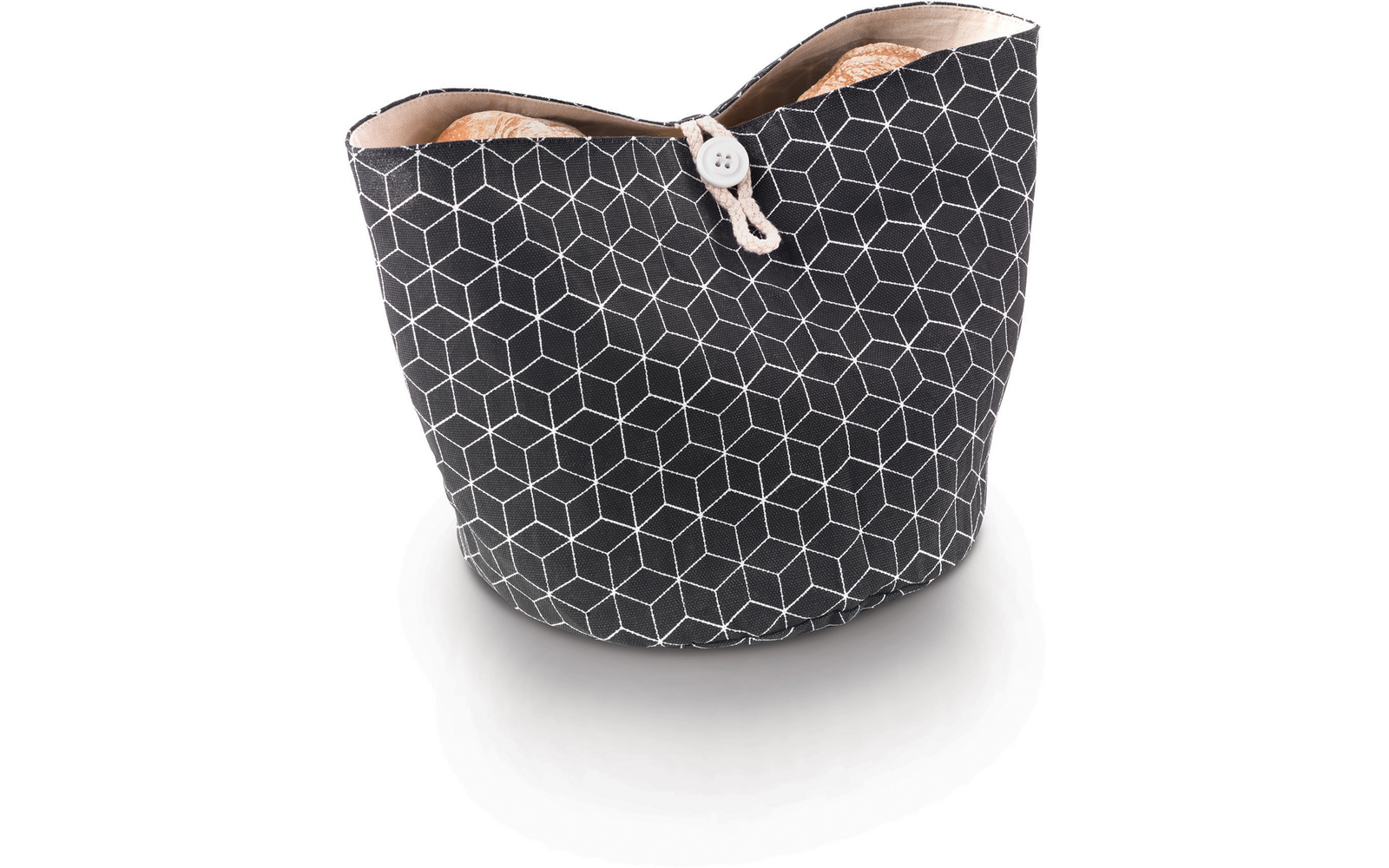 Schwarze Tasche mit weißem geometrischem Muster und geöffnetem Reißverschluss