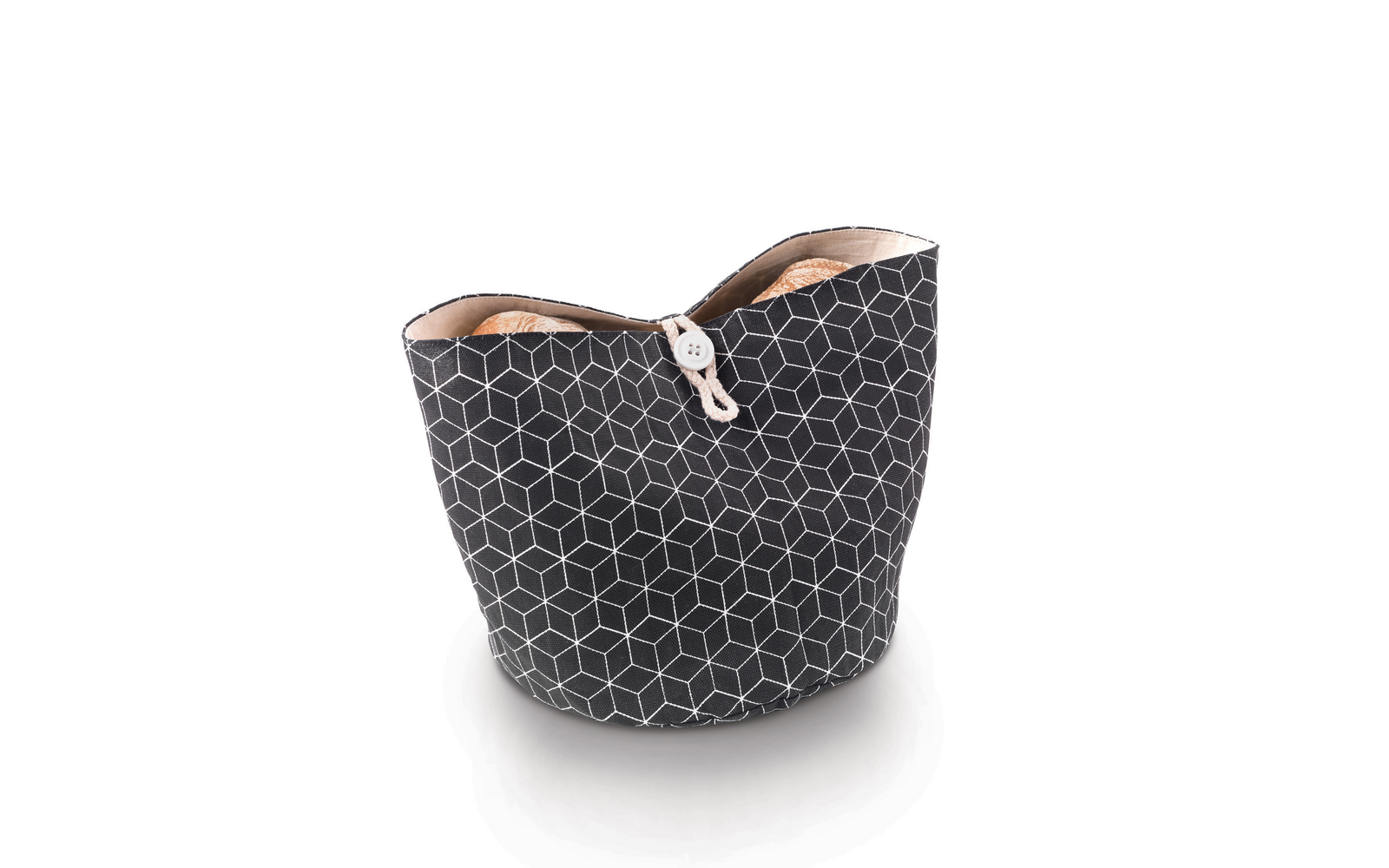 Borsa nera con motivo geometrico bianco e cerniera aperta