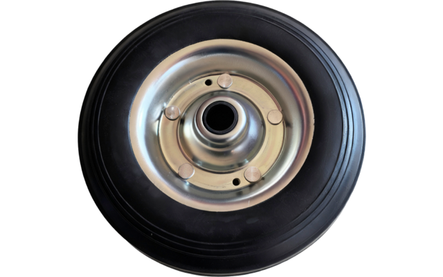 Runde schwarze Gummischeibe mit silberner Metallnabe, Draufsicht