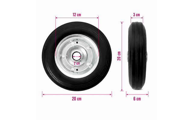 Vorder- und Seitenansicht eines schwarzen Reifens mit silberner Felge und mittiger Bohrung auf weißem Hintergrund; rosa Messlinien mit den Zahlen 12 cm, 2 cm, 20 cm, 3 cm und 6 cm