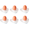 Six brown eggs in white egg cups, arranged in two rows of three on a white background