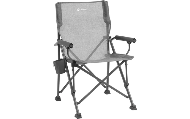 Grauer Klappstuhl aus Mesh-Material mit Armlehnen und Seitentasche