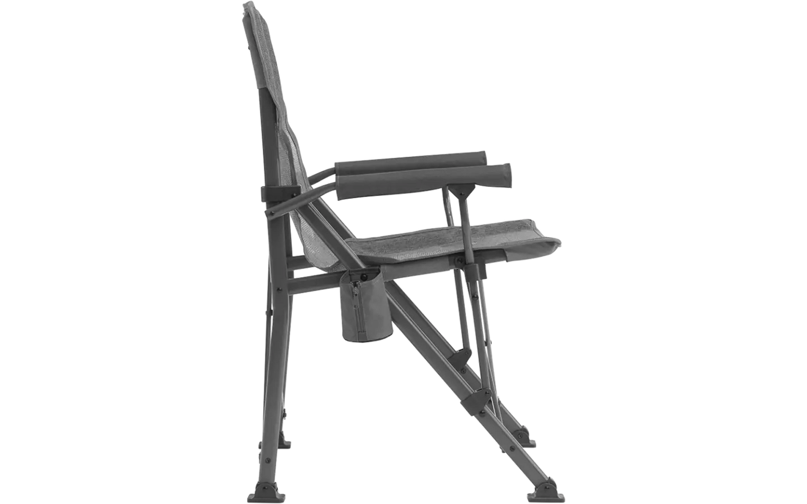 Seitliche Ansicht eines grauen Klappstuhls mit gepolsterten Armlehnen und Metallgestell