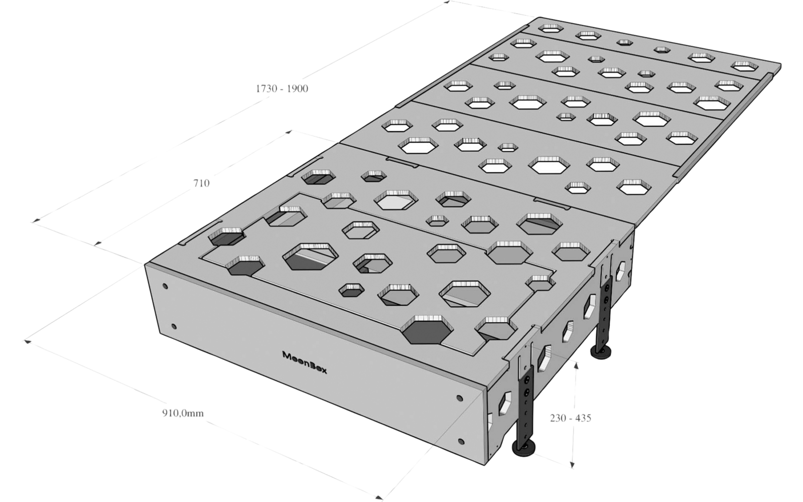Graustufen-Technikzeichnung einer rechteckigen perforierten Metallplatte mit sechseckigen Ausschnitten, verstellbaren Stützfüßen und Bemaßungslinien mit Zahlen