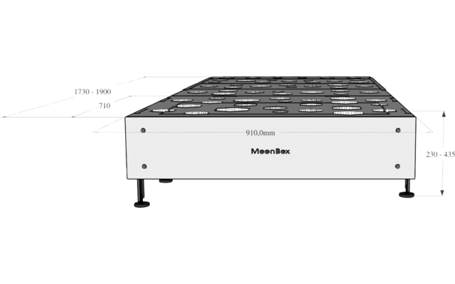 Rechteckige Metallplattform auf vier verstellbaren Füßen; Frontplatte mit Schriftzug "MoonBox" und sichtbaren Schrauben; obere Fläche mit Reihen rechteckiger Aussparungen; Maßlinien und Zahlen in Millimetern (z. B. 910,0 mm, 1730–1900 mm, 710 mm, 230