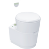 Witte draagbare campingtoilet met ronde deksel op witte achtergrond