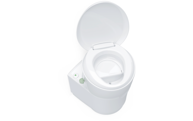 wit draagbaar campingtoilet met open deksel
