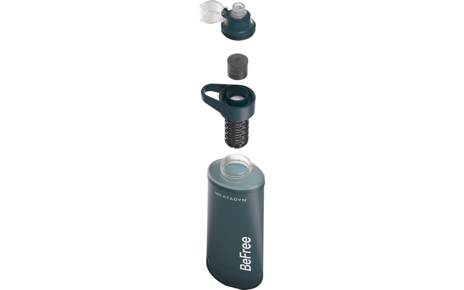 Transparenter Schraubverschluss, schwarzer zylindrischer Schaumstoffeinsatz, dunkelblauer Schraubverschluss mit Trageschlaufe und Gittereinsatz, dunkelblauer Flaschenkörper mit weißem Schriftzug "BeFree"