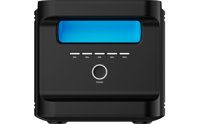 Schwarzes quadratisches Gerät mit blau leuchtendem rechteckigem Fenster oben, darunter eine horizontale Balkenanzeige mit fünf Segmenten und den Prozentangaben '20% 40% 60% 80% 100%', unten ein runder Knopf mit der Aufschrift 'POWER'