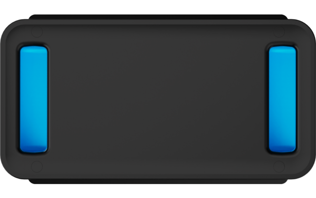 Schwarzes, abgerundetes rechteckiges Objekt auf weißem Hintergrund mit zwei vertikalen blauen Streifen nahe linker und rechter Kante