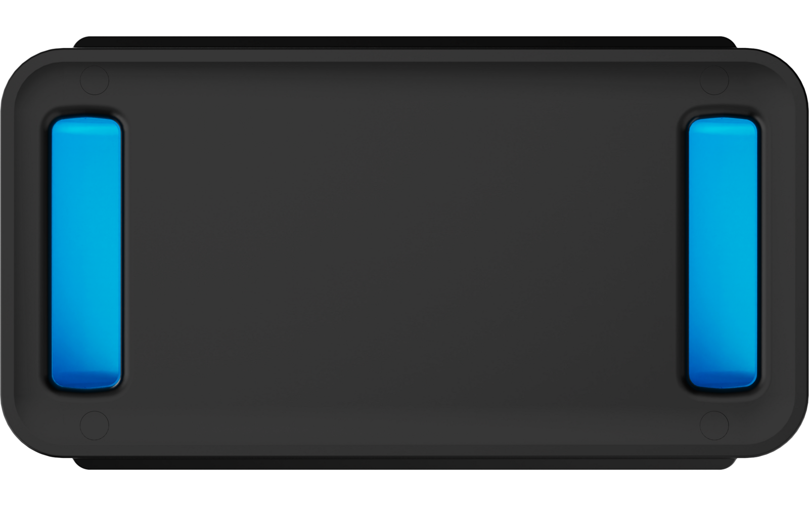 Schwarzes, abgerundetes rechteckiges Objekt auf weißem Hintergrund mit zwei vertikalen blauen Streifen nahe linker und rechter Kante