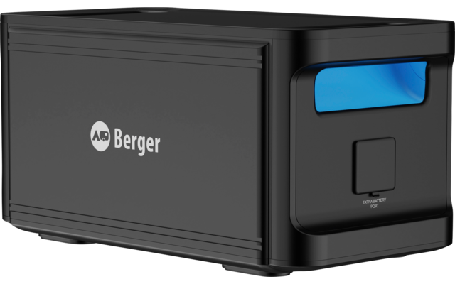 Schwarzes rechteckiges Gerät mit abgerundeten Ecken, weißem „Berger“-Logo auf der Seitenfläche, auf der Stirnseite ein blaues rechteckiges Panel und ein quadratischer Knopf darunter