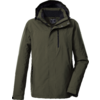 Olivgrüne Jacke mit Kapuze, durchgehendem Reißverschluss, Brusttasche mit Reißverschluss und zwei Seitentaschen