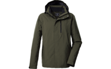 Olivgrüne Jacke mit Kapuze, durchgehendem Reißverschluss, Brusttasche mit Reißverschluss und zwei Seitentaschen
