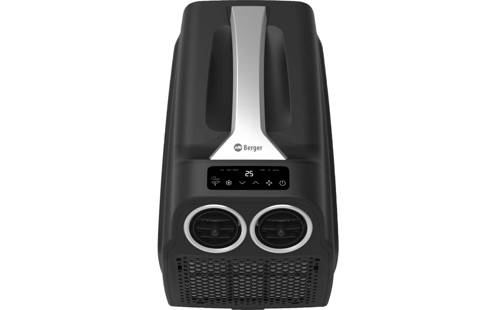 Schwarzes längliches Gerät mit silbernem Griff, Berger-Logo, schwarzem Bedienfeld mit digitaler Anzeige "25" und Symbolen, zwei runde Lüftungsöffnungen vorne und perforiertem Gitter unten