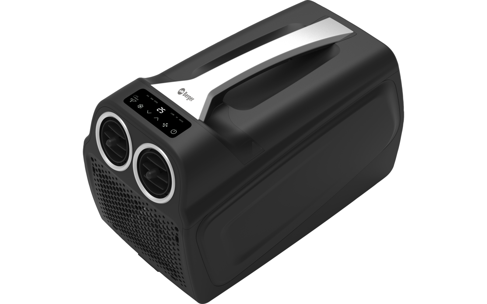 Schwarzes tragbares Gerät mit Tragegriff oben und silbernem Streifen, zwei runden Öffnungen vorne, digitalem Display mit Symbolen und gelochter Frontabdeckung